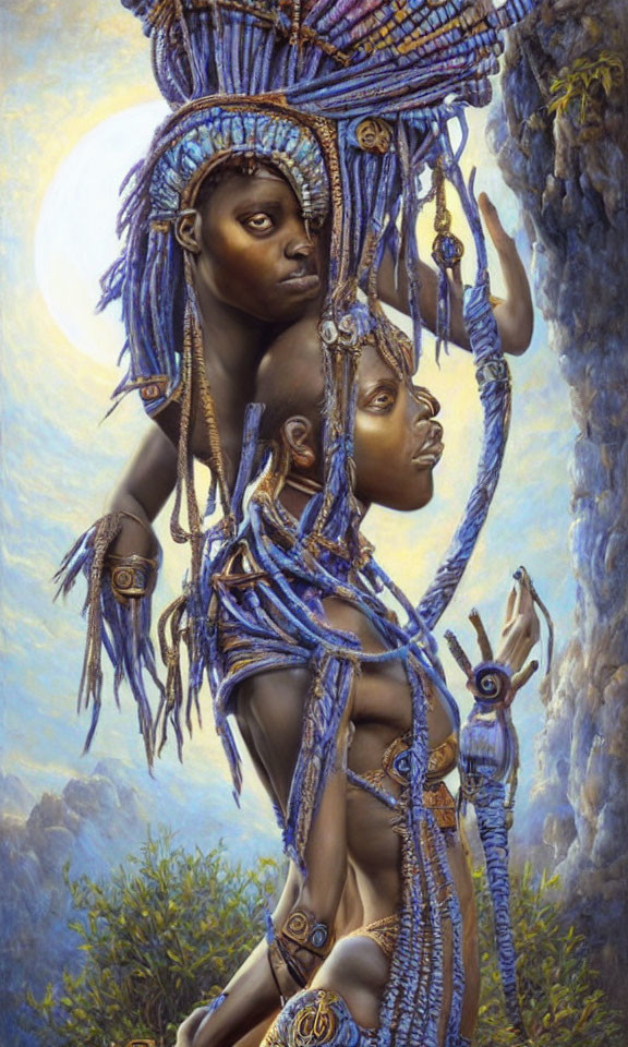 Stylized figures with blue braided hair and ornate jewelry connected by a braid against a
