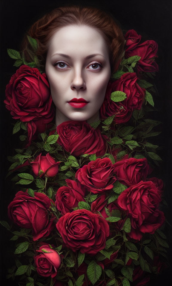 Woman's Face with Dark Red Roses on Black Background