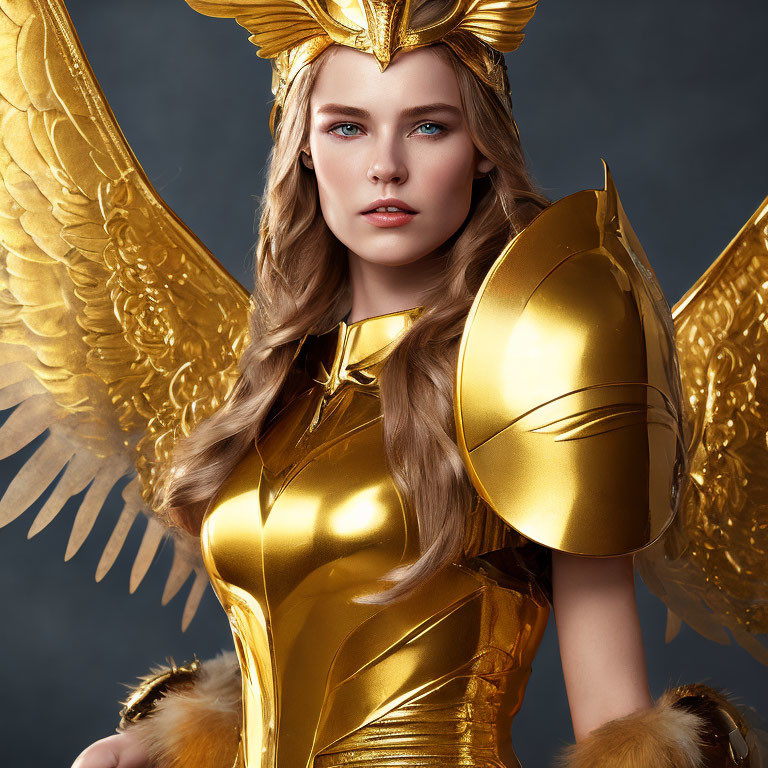 Blonde woman in golden fantasy armor with winged helmet and shoulder pads