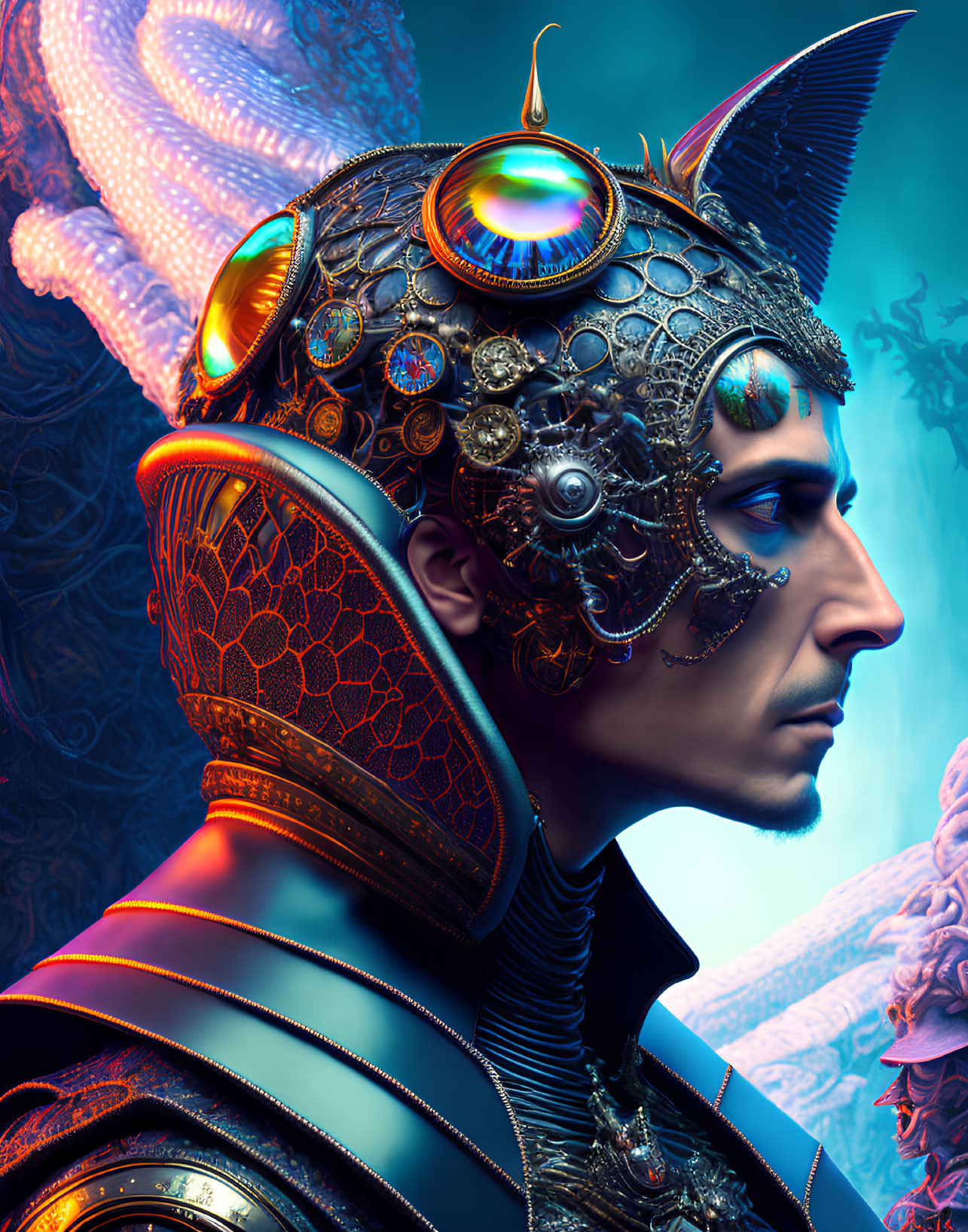 Profile view of person with futuristic ornate headgear against blue backdrop