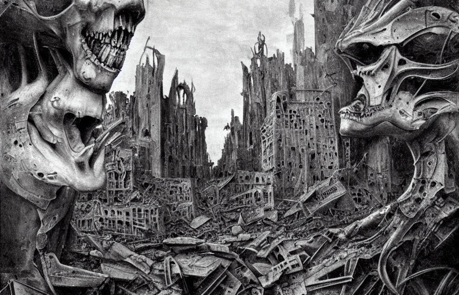 Dystopian landscape with decrepit buildings and oversized skulls