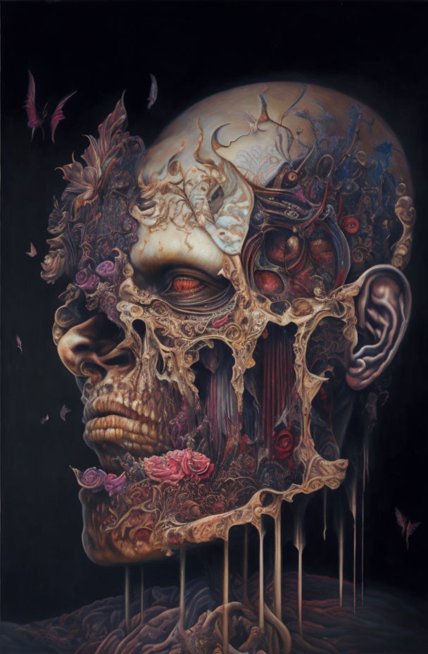 Intricate skull painting with floral and melting elements on dark backdrop