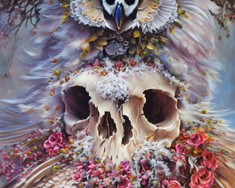 Detailed owl painting with skull-like face, flowers, and feathers in dreamlike scene