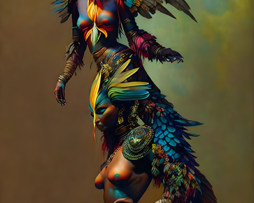 Avian-themed body art with blue and green feathered headdresses portrait