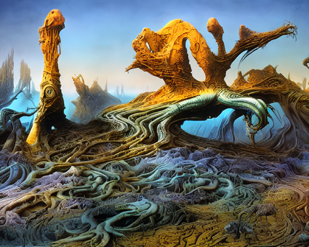 Fantastical landscape with twisted trees on blue background