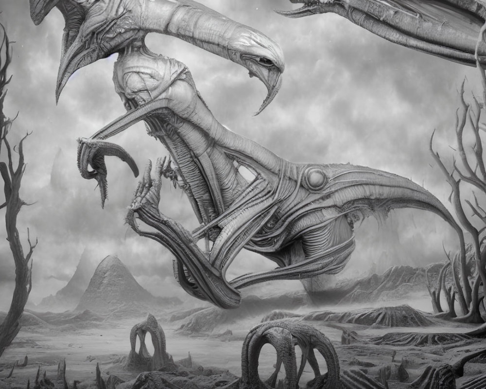 Fantastical grayscale landscape with alien creatures and skeletal trees