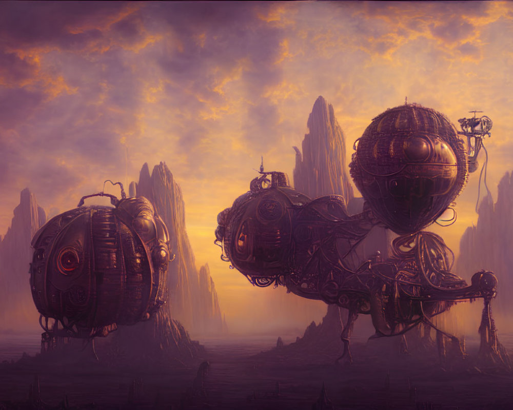 Fantasy landscape with steampunk airships and rock formations