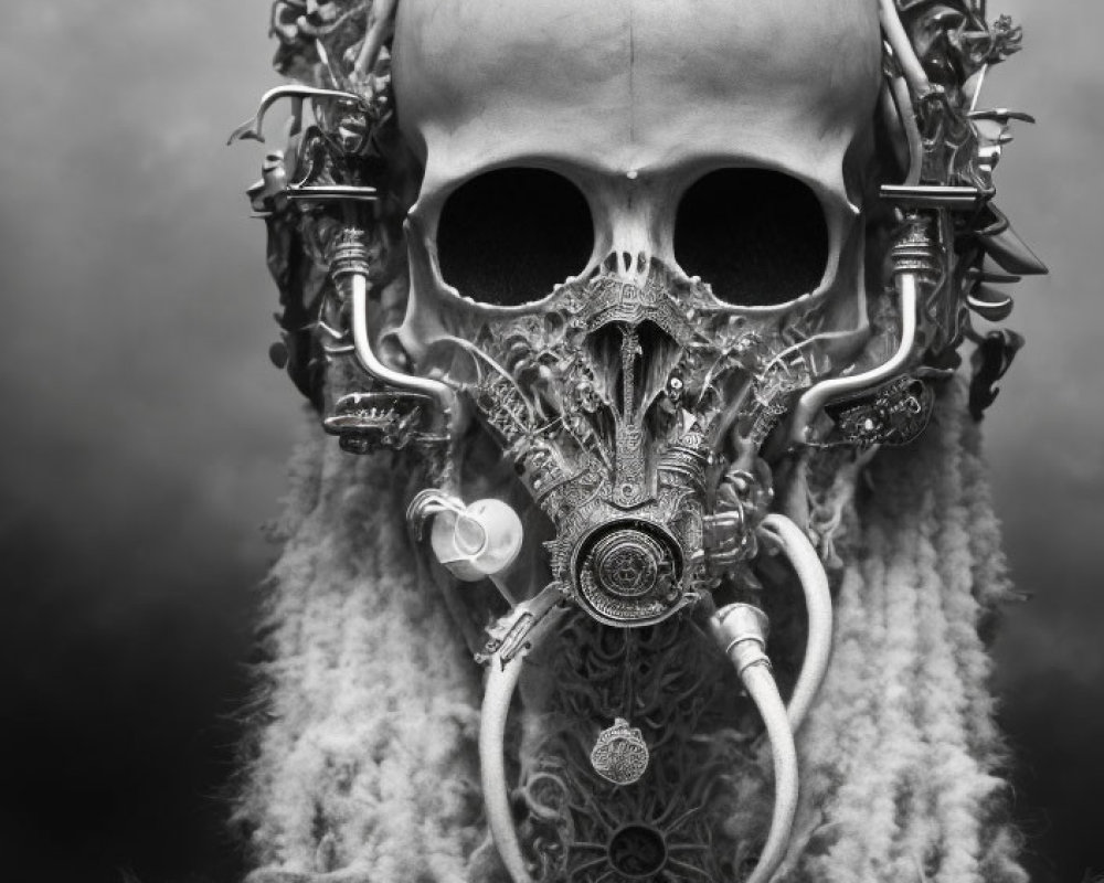 Monochromatic ornate skull with mechanical elements on textured background
