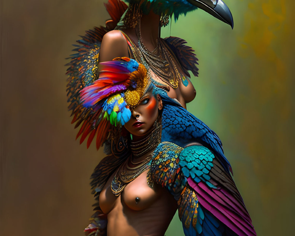 Vibrant bird feather and mythical creature makeup portrayal.