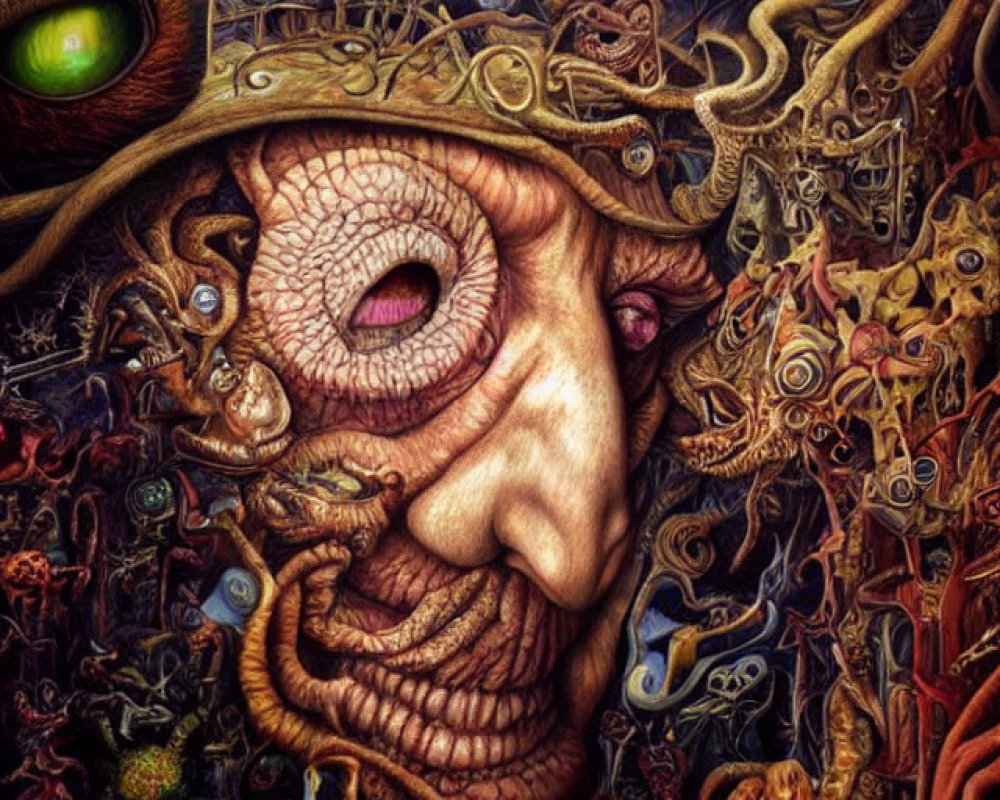 Detailed surrealistic painting with eye-like opening and vibrant colors