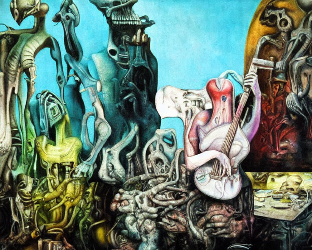 Vibrant surreal painting: abstract humanoid forms and musical instruments intertwined.