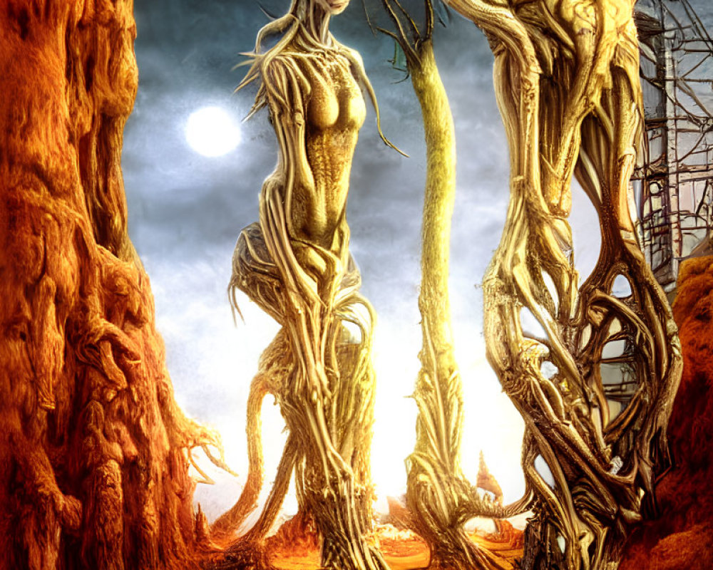 Surreal humanoid tree figures in mystical landscape with glowing orb