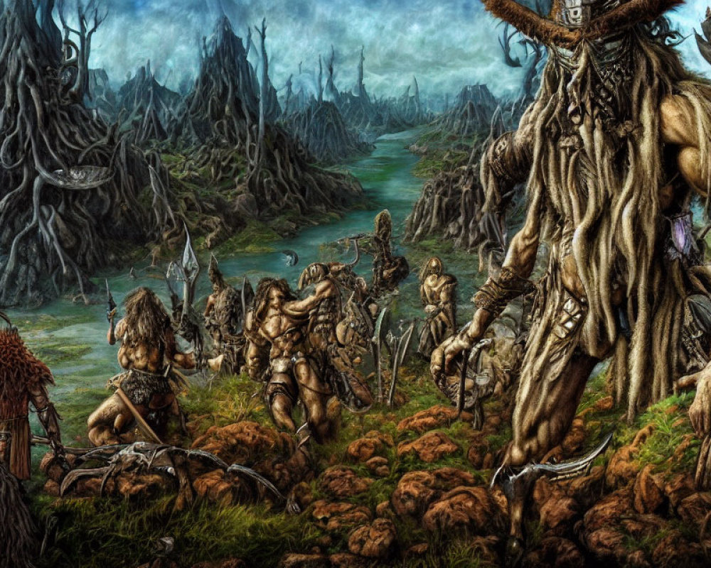 Fantasy scene: Armored humanoid creatures with weapons in dark, swampy landscape