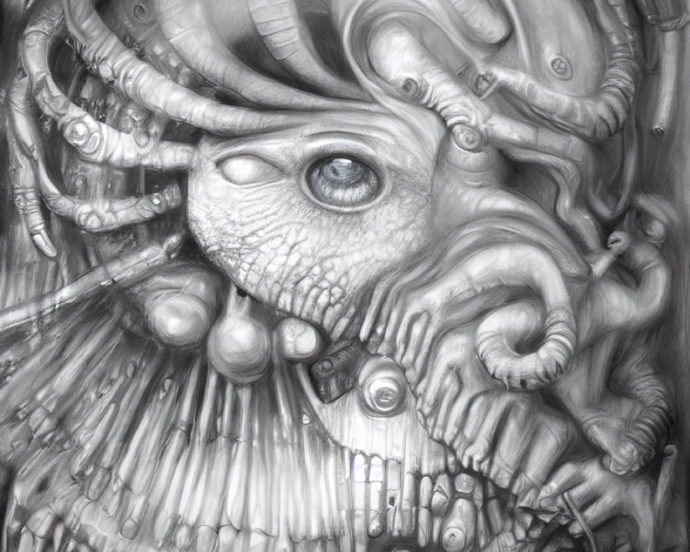 Monochromatic surreal artwork of a mechanical creature with organic eye