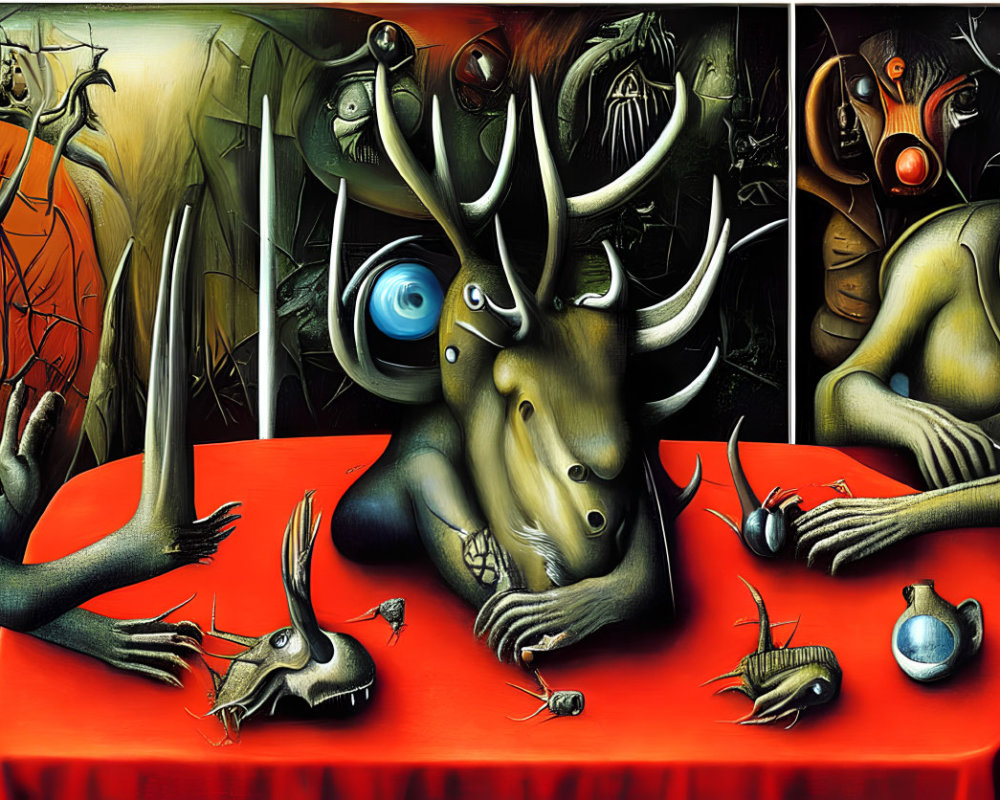 Vibrant Surrealist Painting: Creature with Antlers at Table