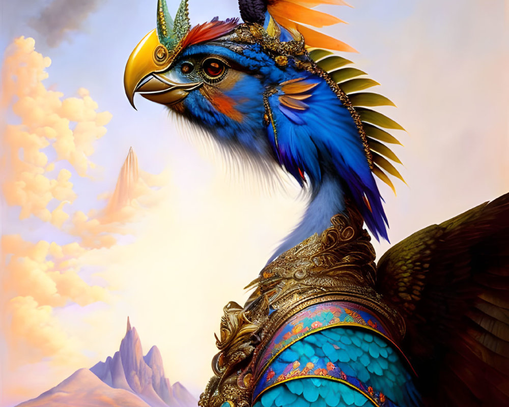 Colorful mythical bird with ornate decorations in mountain landscape