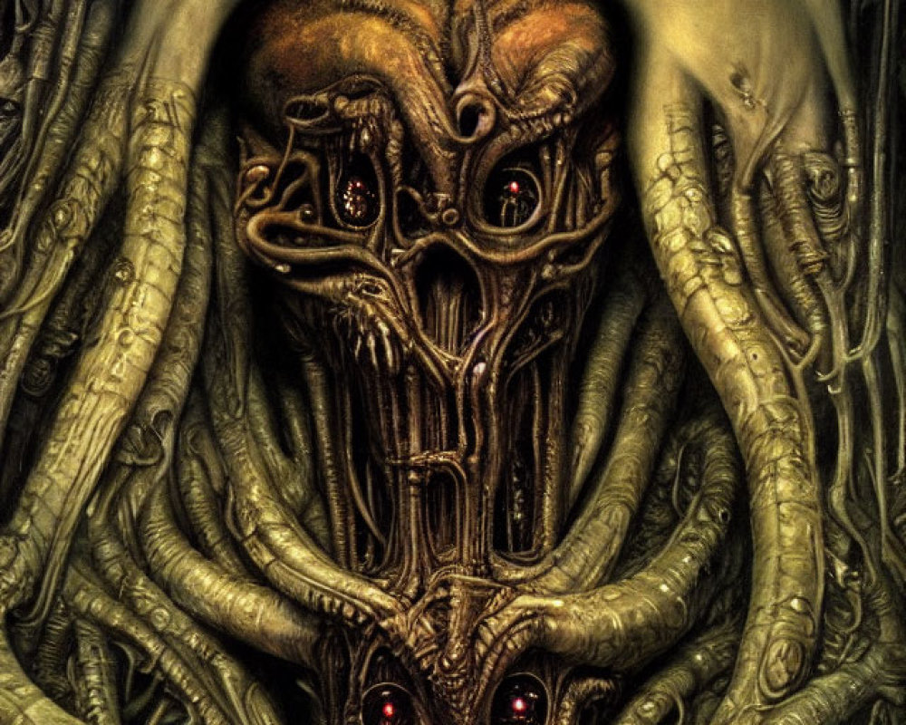 Dark Fantasy Artwork: Sinister Creature with Red Eyes and Twisting Roots