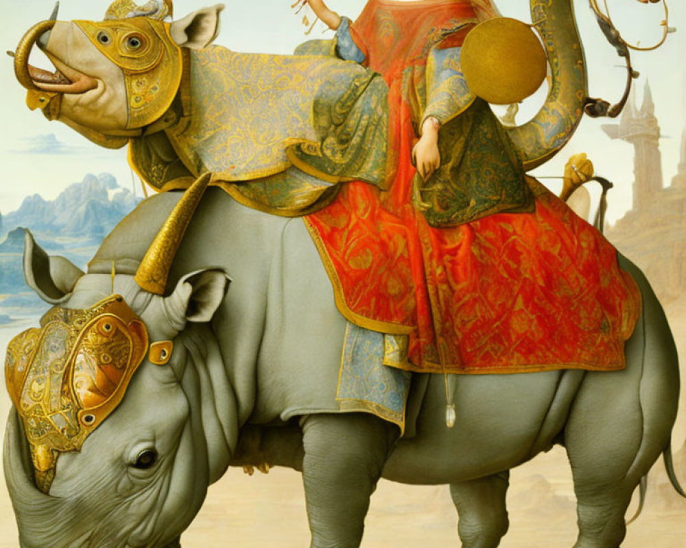 Renaissance woman on armored rhinoceros with golden rectangle