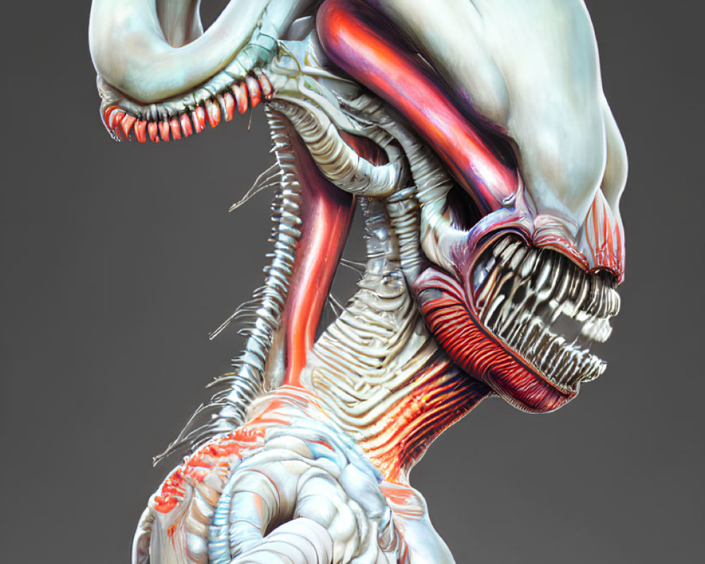 Digital Artwork: Alien Creature with Elongated Skull and Exposed Muscular Skeleton