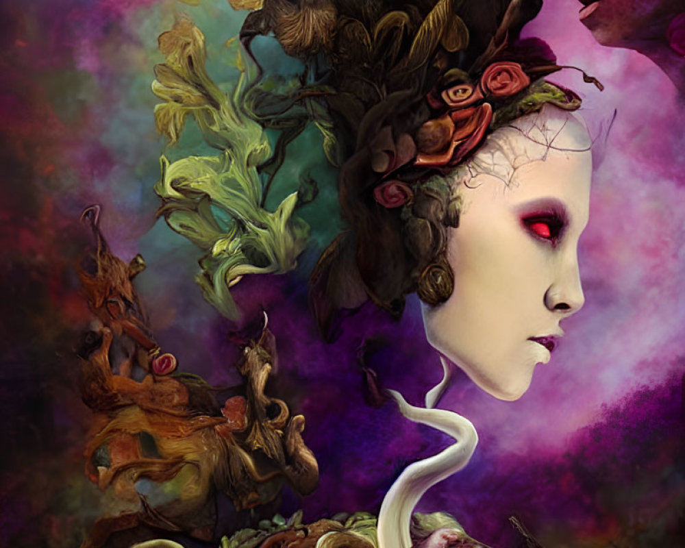 Surreal portrait with floral face, peacock silhouette, cosmic backdrop