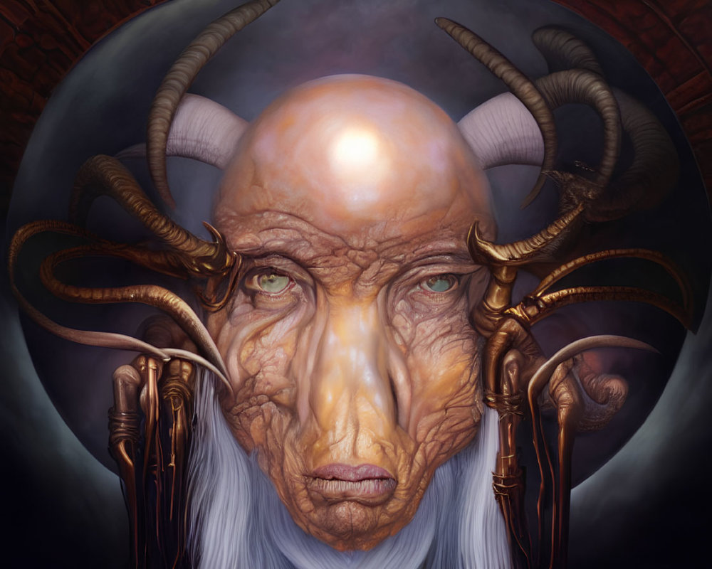 Illustration of aged mystical creature with horns, deep-set eyes, bald head, and flowing beard.