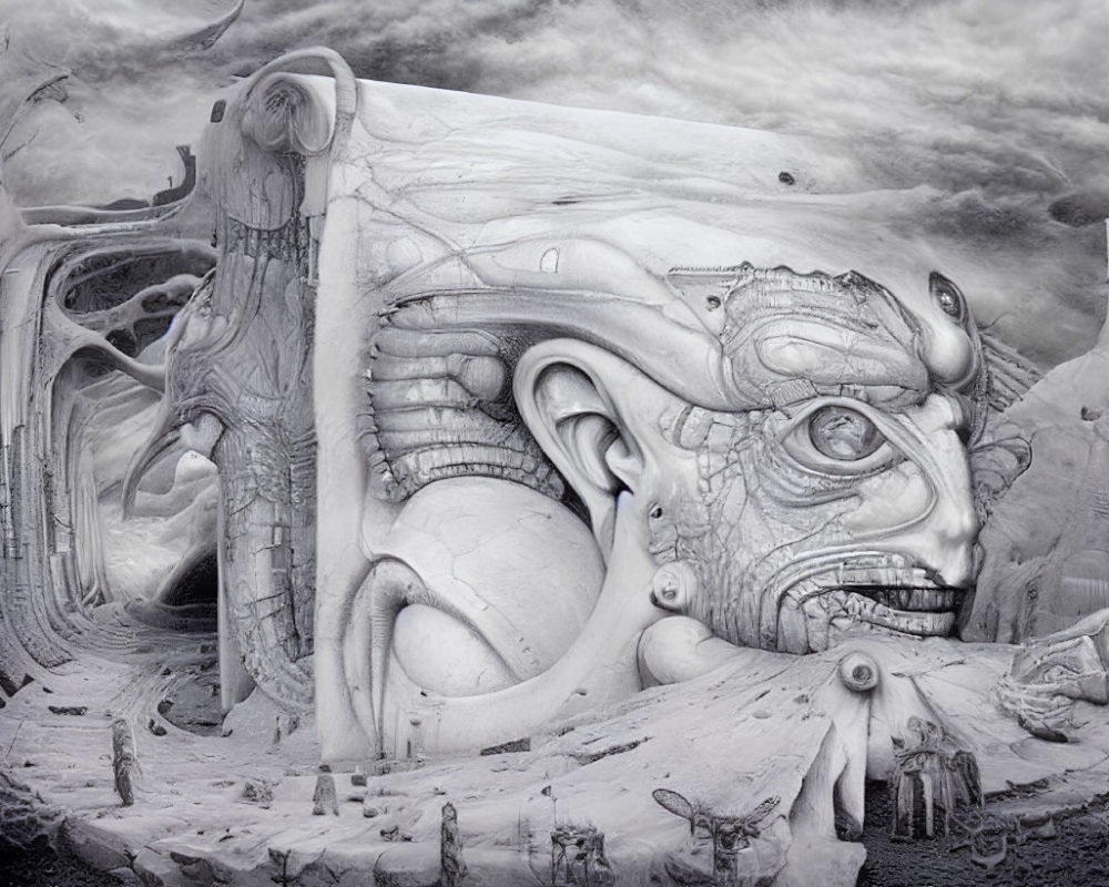 Monochrome surreal landscape with intricate face-like structures
