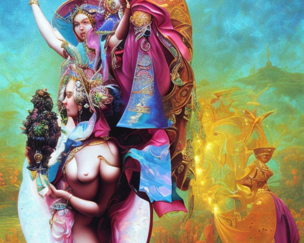 Colorful artwork featuring mythological figures, woman with lotus, white fox, and ethereal beings