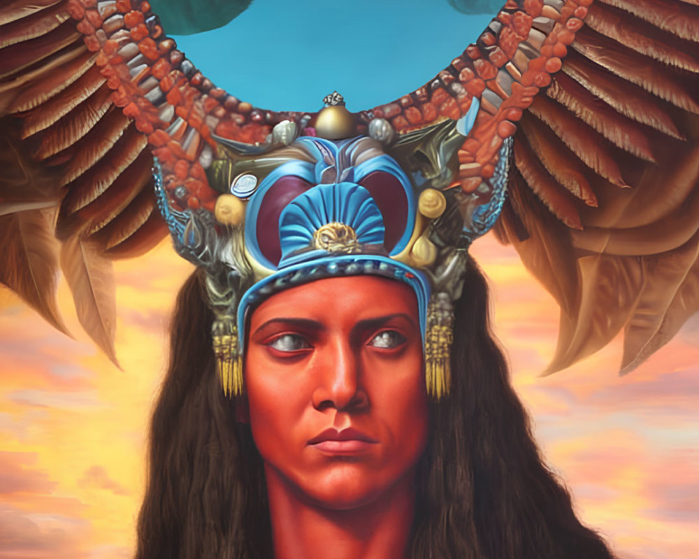 Detailed illustration of person with dark hair, blue face paint, feathered headdress, and jewelry against
