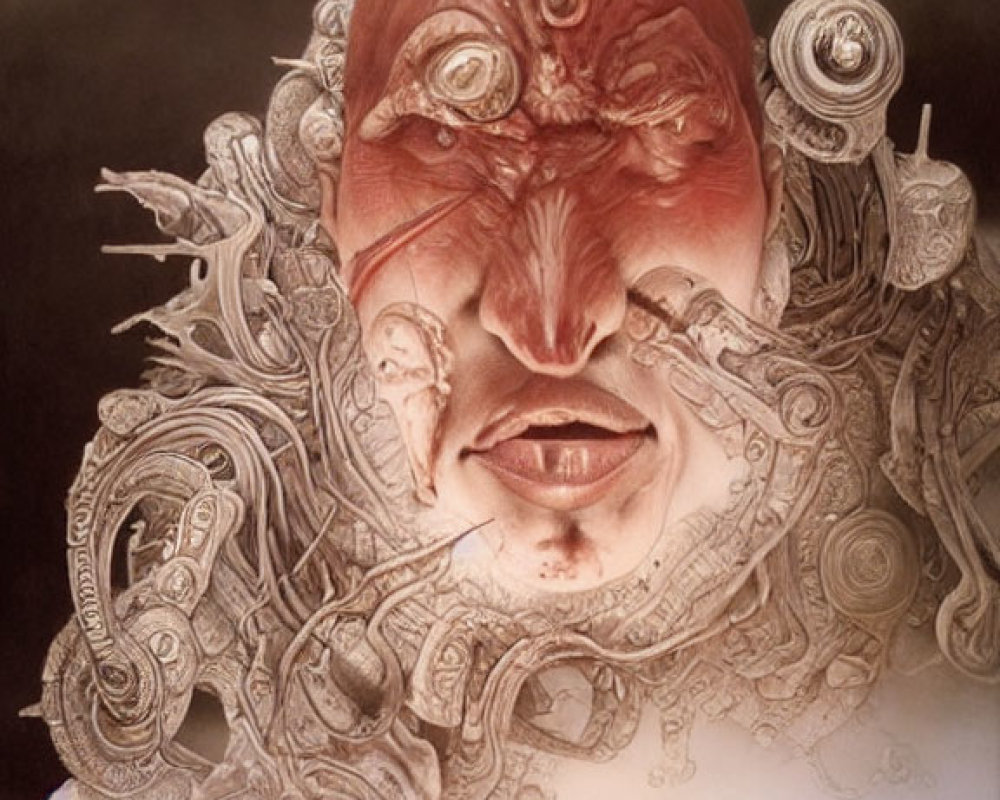 Surreal painting of upside-down head, intricate details, figures in clouds