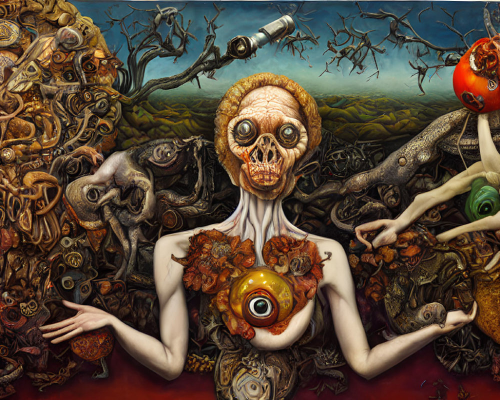 Surreal painting with skeletal figure, oversized eye, and chaotic landscapes