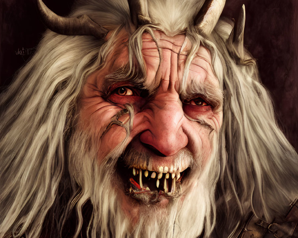 Menacing character with white hair, horns, fangs, and dark background.