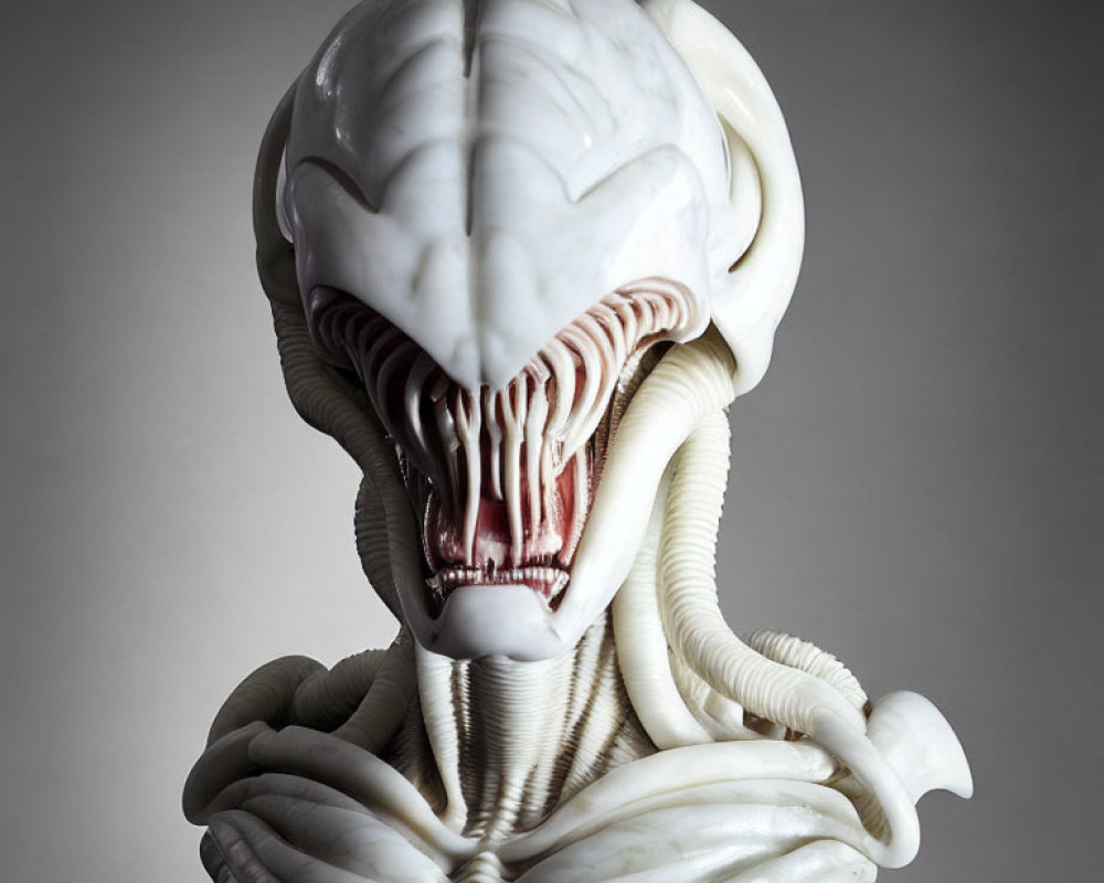 Detailed Xenomorph Sculpture with Elongated Skull on Grey Background