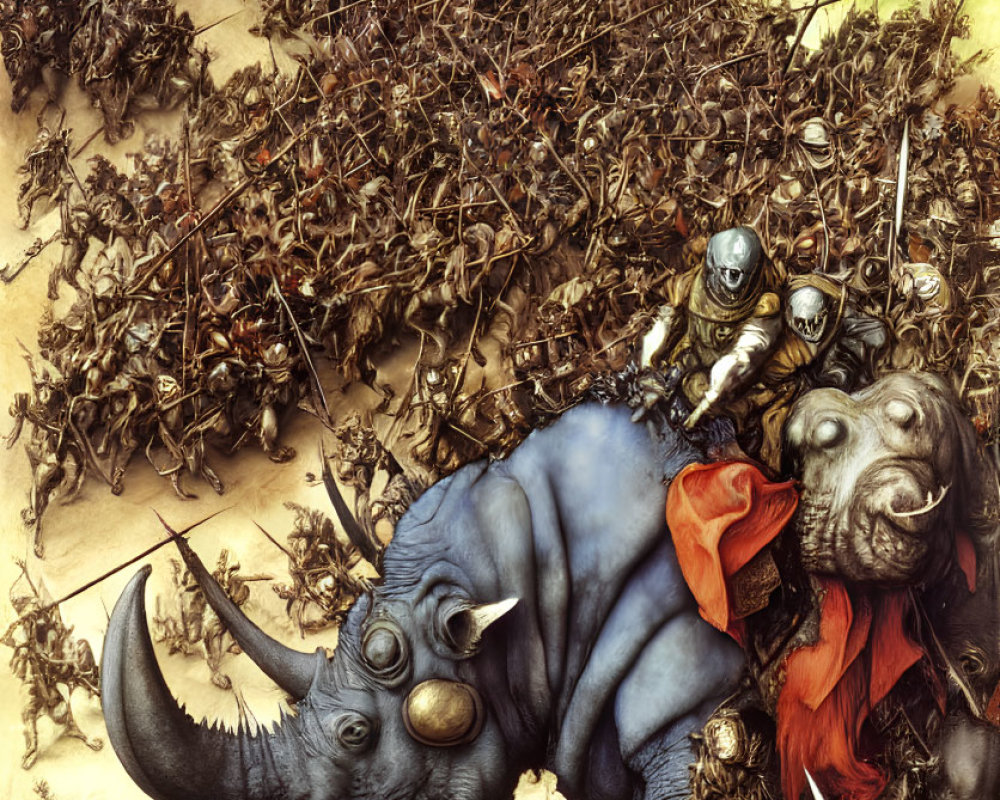 Fantasy battlefield with warrior on horned beast facing castle