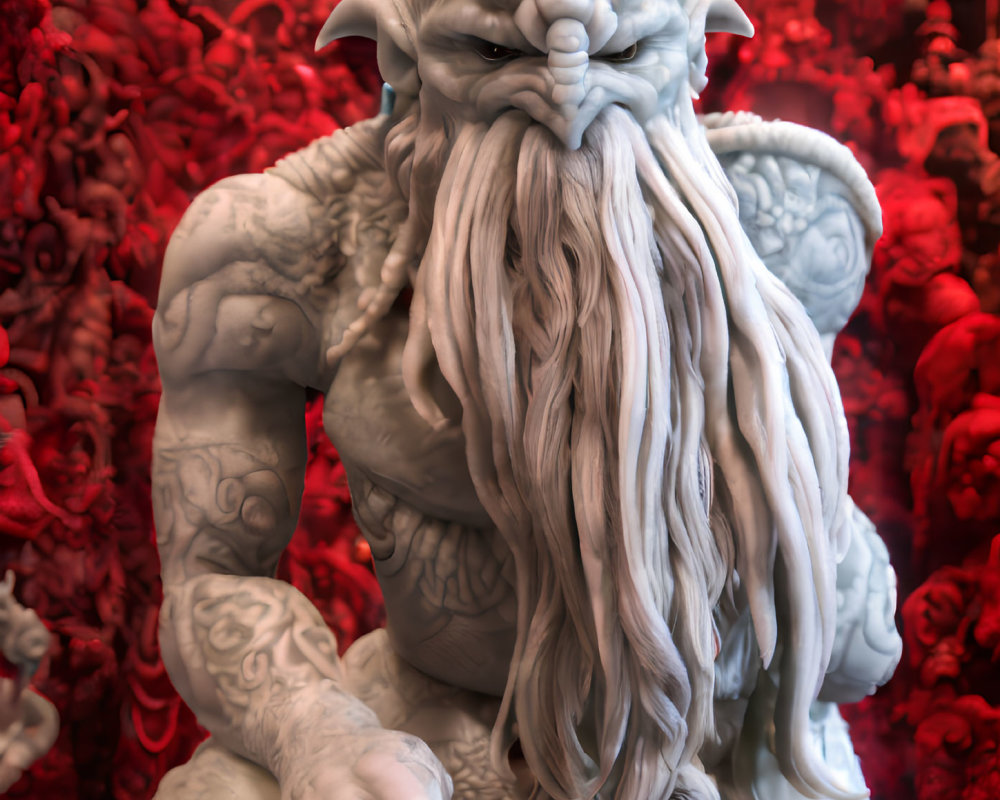 Detailed Fantasy Creature Sculpture with Horns and Beard on Red Background