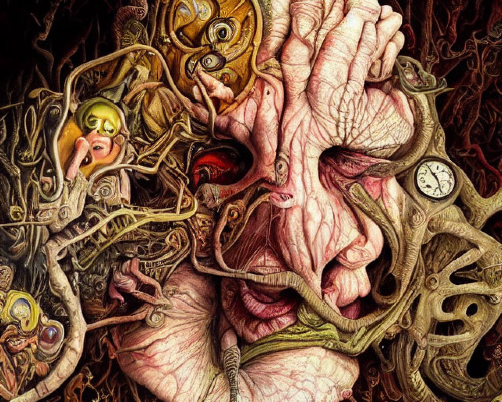 Surreal artwork featuring distorted humanoid face with clock elements, organic textures, and small figures