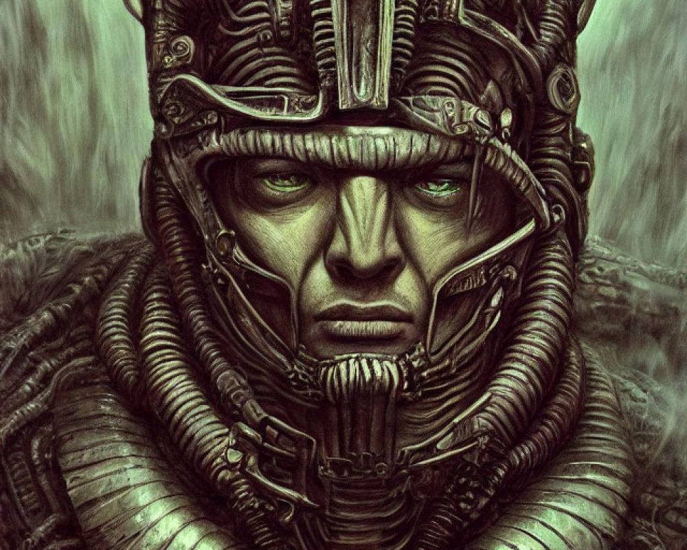 Futuristic portrait with cybernetic enhancements and machinery in monochromatic palette