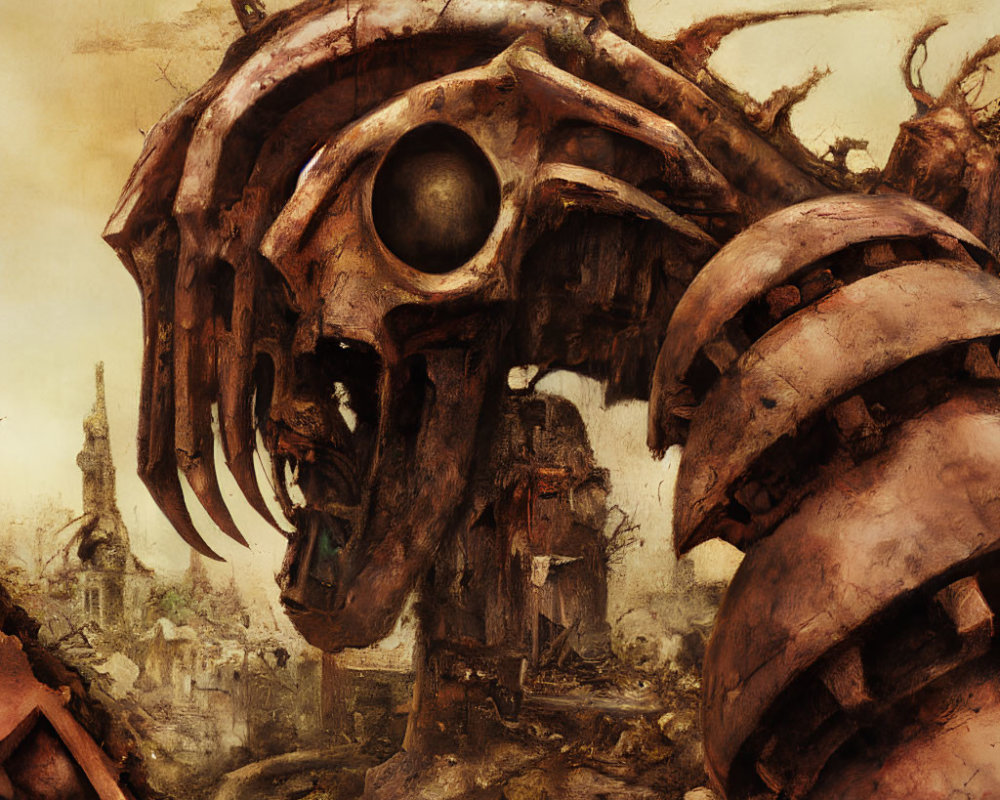 Desolate ruins with colossal skull-like structure in dystopian landscape