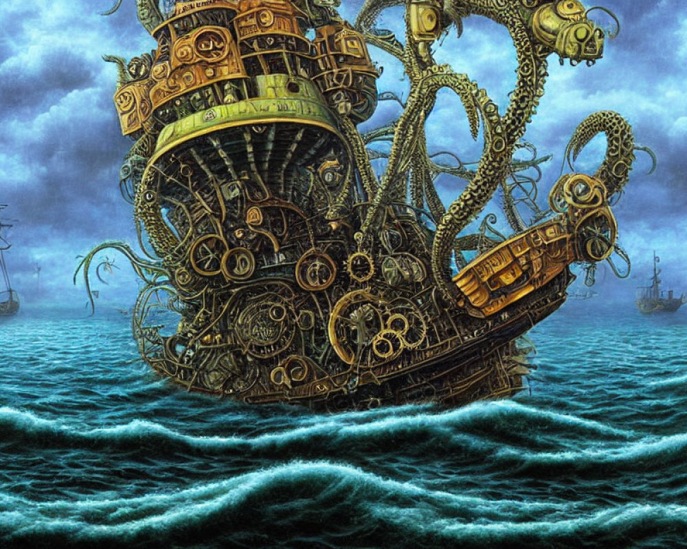 Steampunk ship with gears sailing on tumultuous sea.