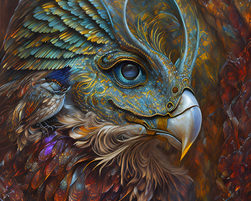 Detailed Owl Illustration in Vibrant Blue, Bronze, and Brown Feathers