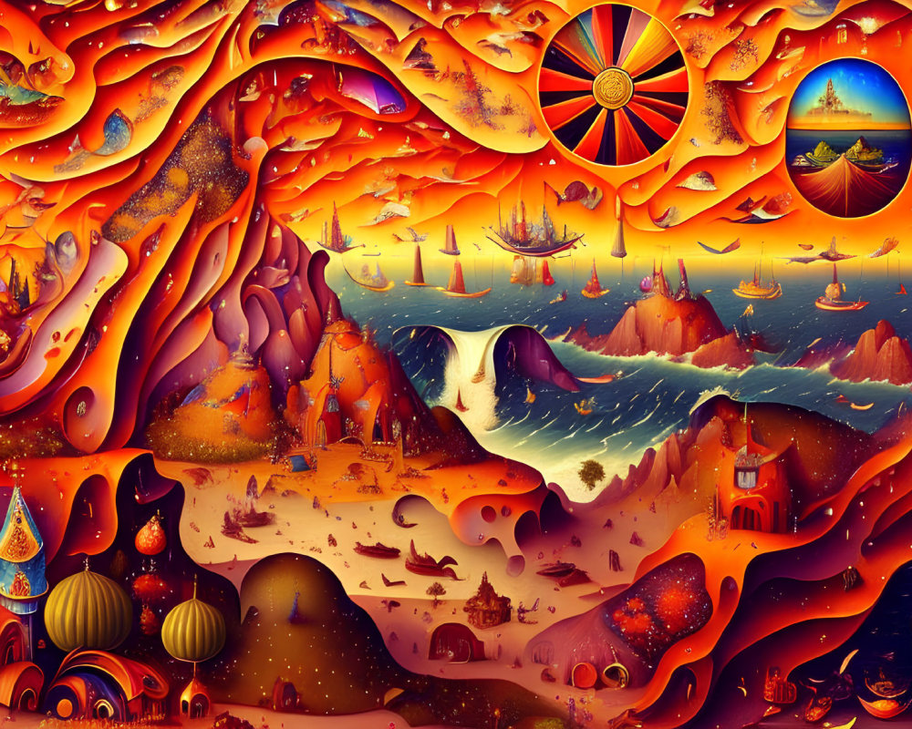 Surreal landscape with fiery colors, blending waves, desert, fantastical buildings, ships, and