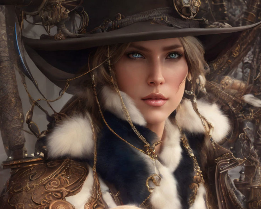 Close-up of woman with blue eyes in wide-brimmed hat, fur cloak, and golden armor