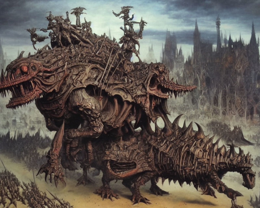 Multi-headed creature with armored warriors in desolate landscape.