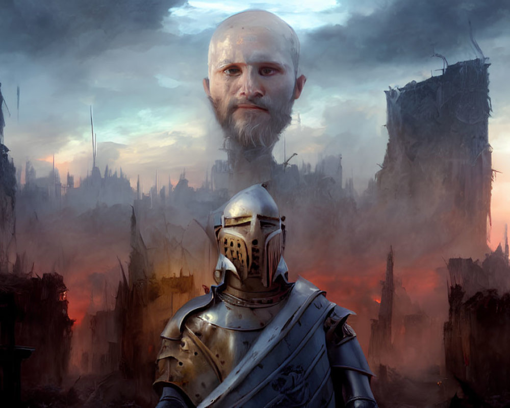 Bearded man in medieval armor against dystopian ruins