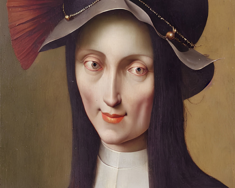 Woman with Pale Complexion in Black Hat with Gold Details and White Collar