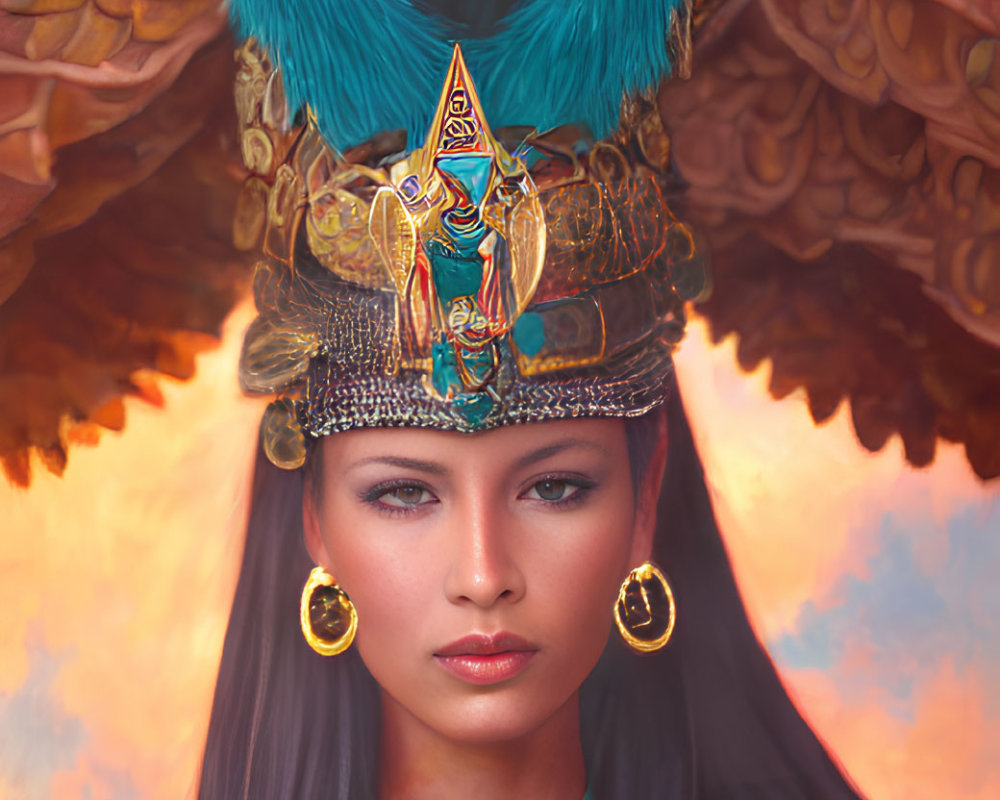 Detailed illustration of woman with feathered headdress and ornate jewelry