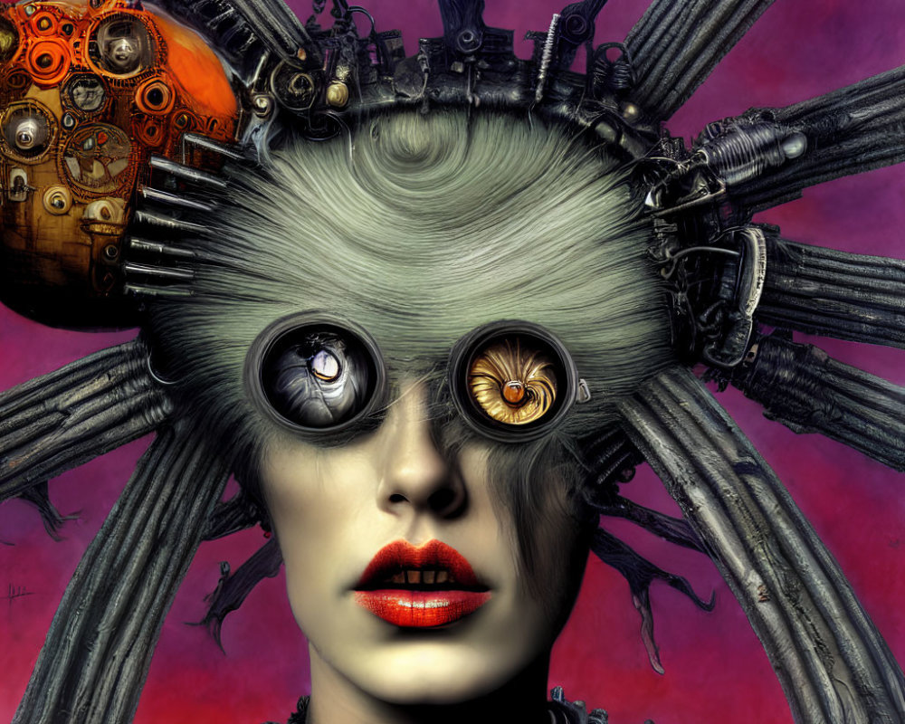 Surreal female portrait with mechanical spider limbs and gear eyes on pink backdrop