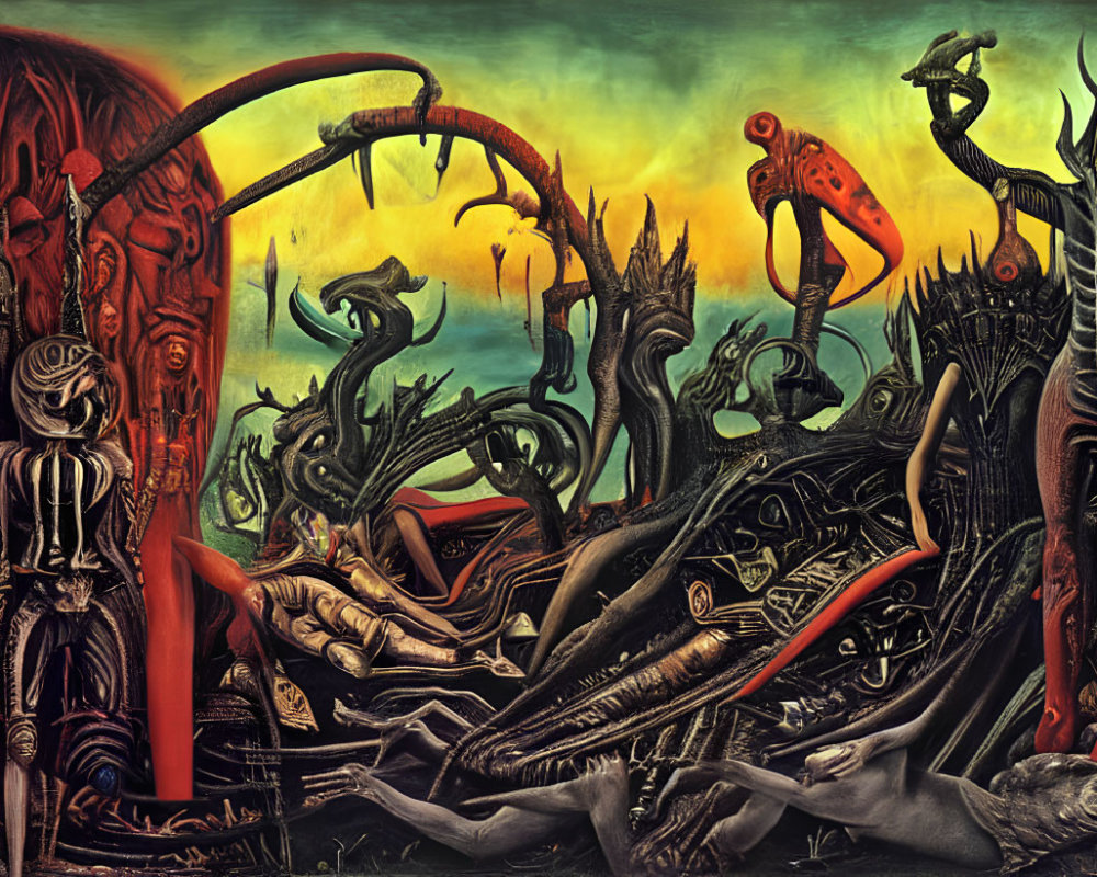 Surrealist Artwork: Twisted Organic Shapes, Mechanical Parts, Dark Figures, Dystopian