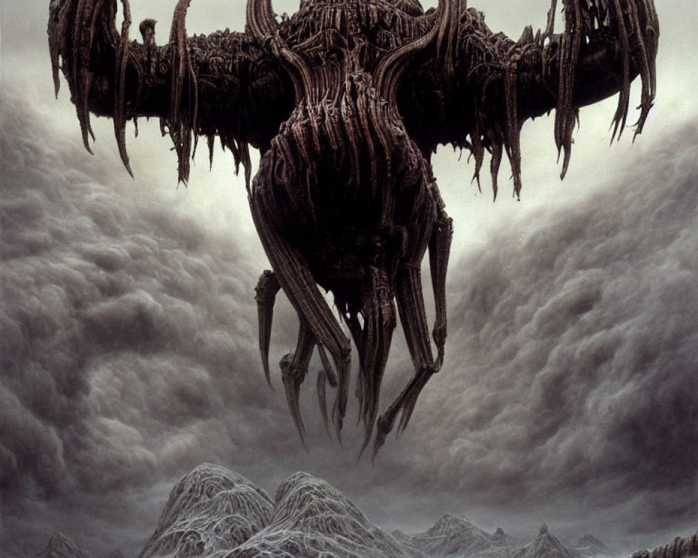 Monstrous creature with horns and tendrils in mountainous landscape.