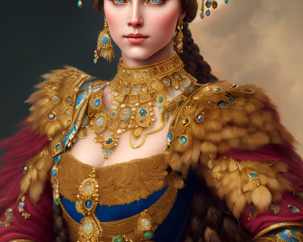 Regal woman with blue eyes in golden headdress and royal attire