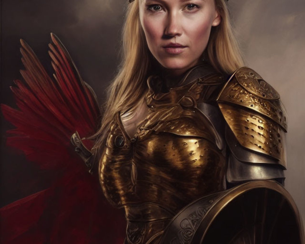 Regal woman in golden armor with winged helmet and shield